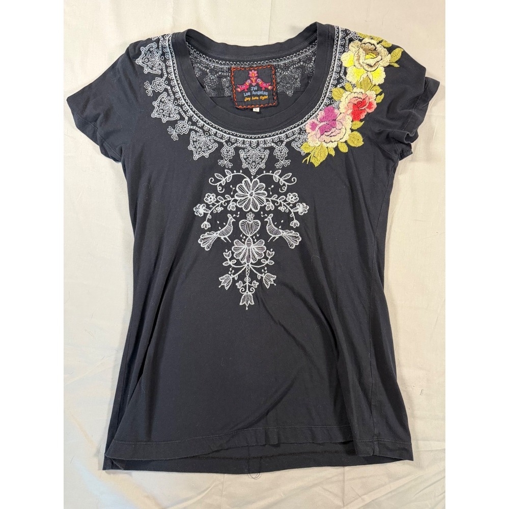 JW Los Angeles Johnny Was Black Embroidered Floral Cotton T-Shirt Womens Large
